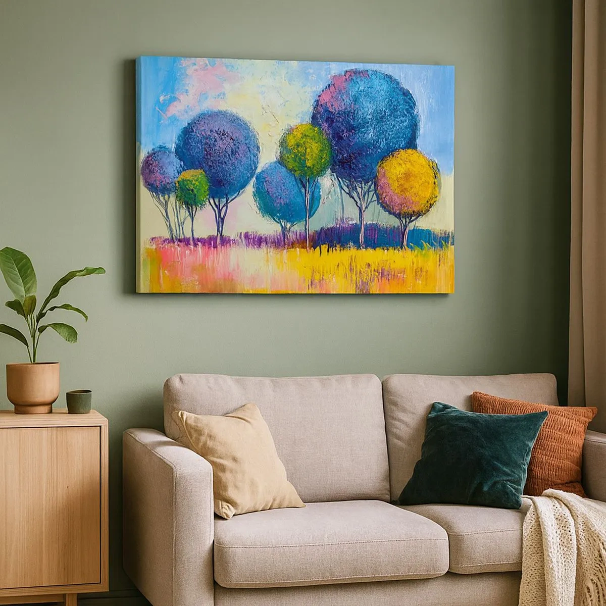 Bild auf Leinwand - Leinwandbild - Bunte kugelförmige Bäume vor dem Hintergrund einer Landschaft - 70x50cm - Kugel - die Form des Ideals - Moderne Wanddekoration für Wohnzimmer und Schlafzimmer ARTTOR