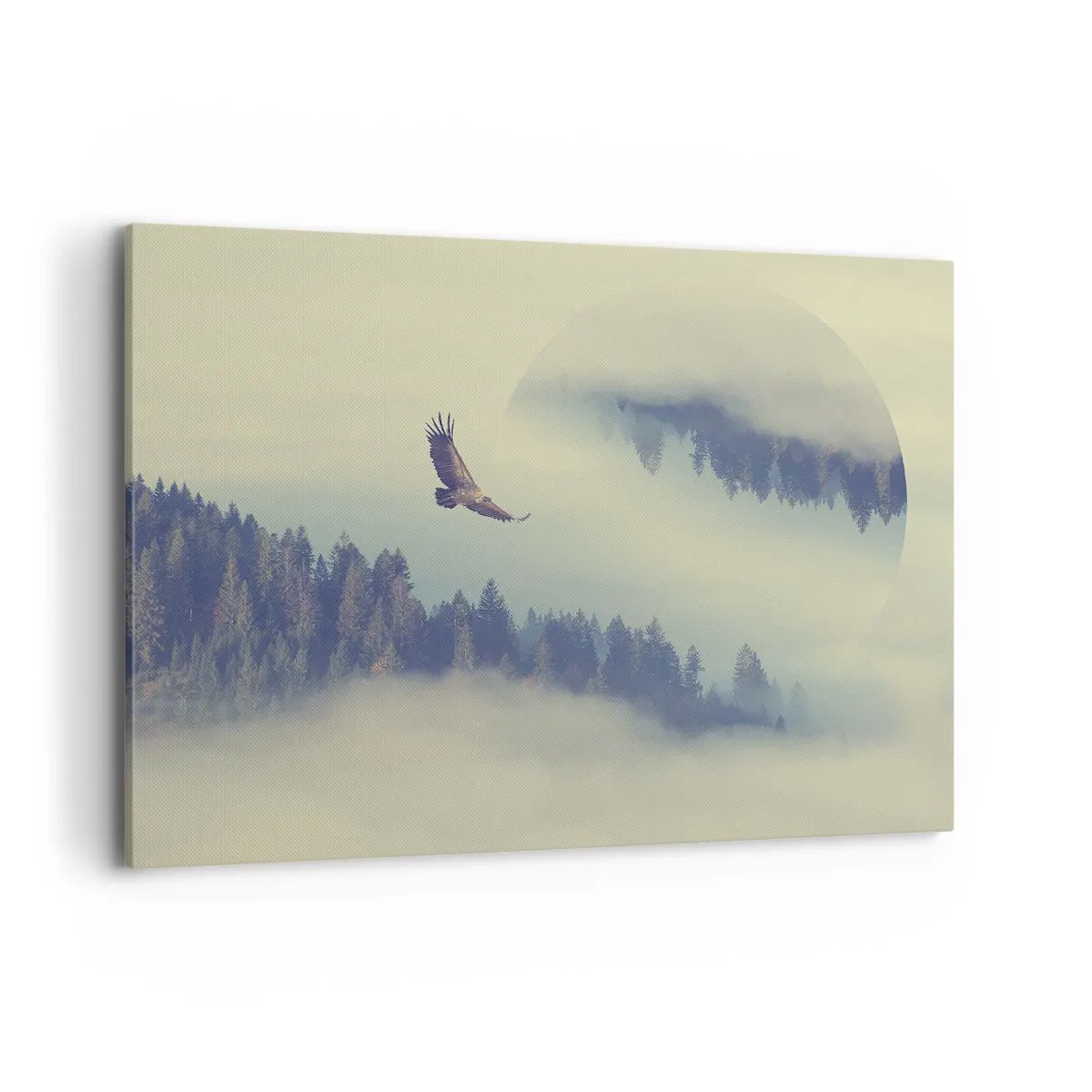 Bild auf Leinwand - Leinwandbild - Ein Adler im Flug vor der Kulisse nebliger Berge mit einem künstlerischen Kreismotiv - 100x70cm - Ich habe den Schatten eines Adlers gesehen - Moderne Wanddekoration für Wohnzimmer und Schlafzimmer ARTTOR