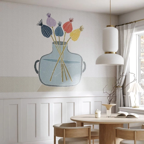 Fototapete Premium Sand - Bunte Mohnblumen in einer blauen Vase auf hellem Hintergrund - 100x70cm - Es ist mucksmäuschenstill - Moderne Wanddekoration für Wohnzimmer und Schlafzimmer ARTTOR