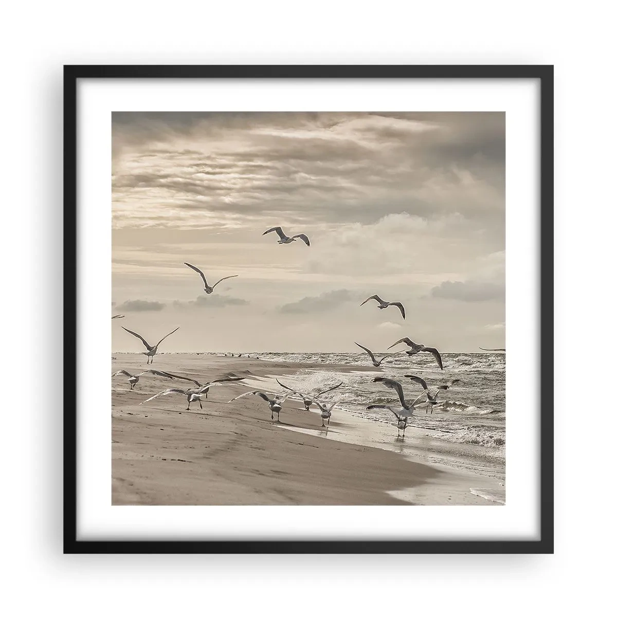 Poster in einem schwarzem Rahmen - Meeresrauschen, Vogelgesang - 50x50 cm