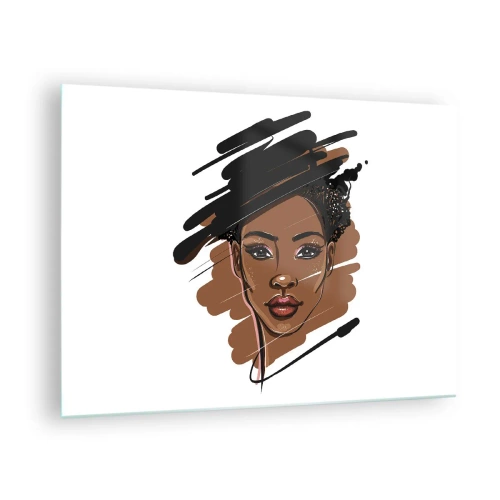 Glasbild - Bild auf glas - Porträt einer schwarzen Frau im Stil einer Modeskizze - 70x50cm - Süß wie Schokolade - Moderne Wanddekoration für Wohnzimmer und Schlafzimmer ARTTOR