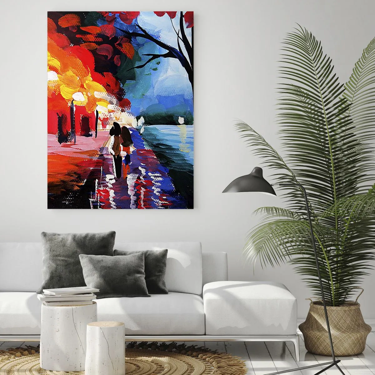 Glasbild - Bild auf glas - Ein Herbstspaziergang entlang des Weges mit Blick auf das Wasser - 70x100cm - Strahlender Herbst im Park - Moderne Wanddekoration für Wohnzimmer und Schlafzimmer ARTTOR
