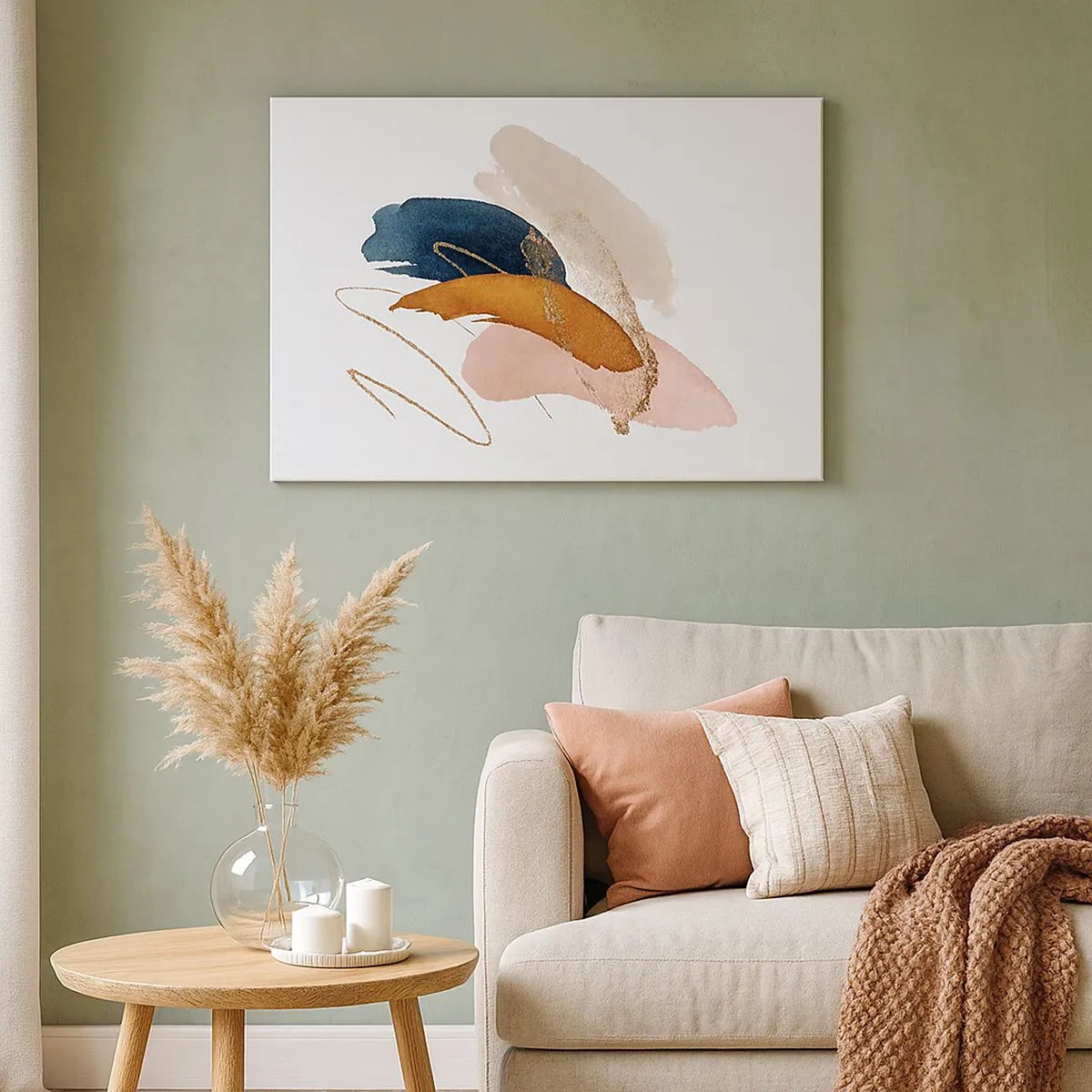 Bild auf Leinwand - Leinwandbild - Abstrakte Striche in Pastellfarben mit goldenen Akzenten - 70x50cm - Geflügelte Komposition - Moderne Wanddekoration für Wohnzimmer und Schlafzimmer ARTTOR