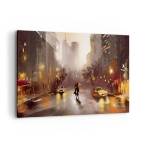 Bild auf Leinwand - Leinwandbild - Eine nächtliche Stadtszene im Licht der Straßenlaternen und Spiegelungen auf einer nassen Straße. - 120x80cm - Im Licht von New York - Moderne Wanddekoration für Wohnzimmer und Schlafzimmer ARTTOR