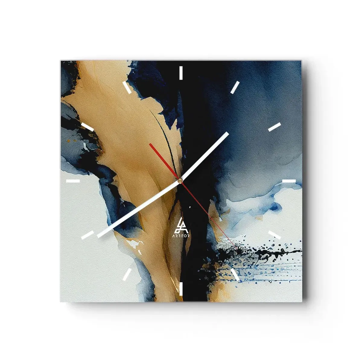 Wanduhr - Glasuhr - Eine abstrakte Komposition in Marineblau- und Goldtönen - 30x30cm - Hinter dem Vorhang - Moderne Wanddekoration für Wohnzimmer und Schlafzimmer ARTTOR