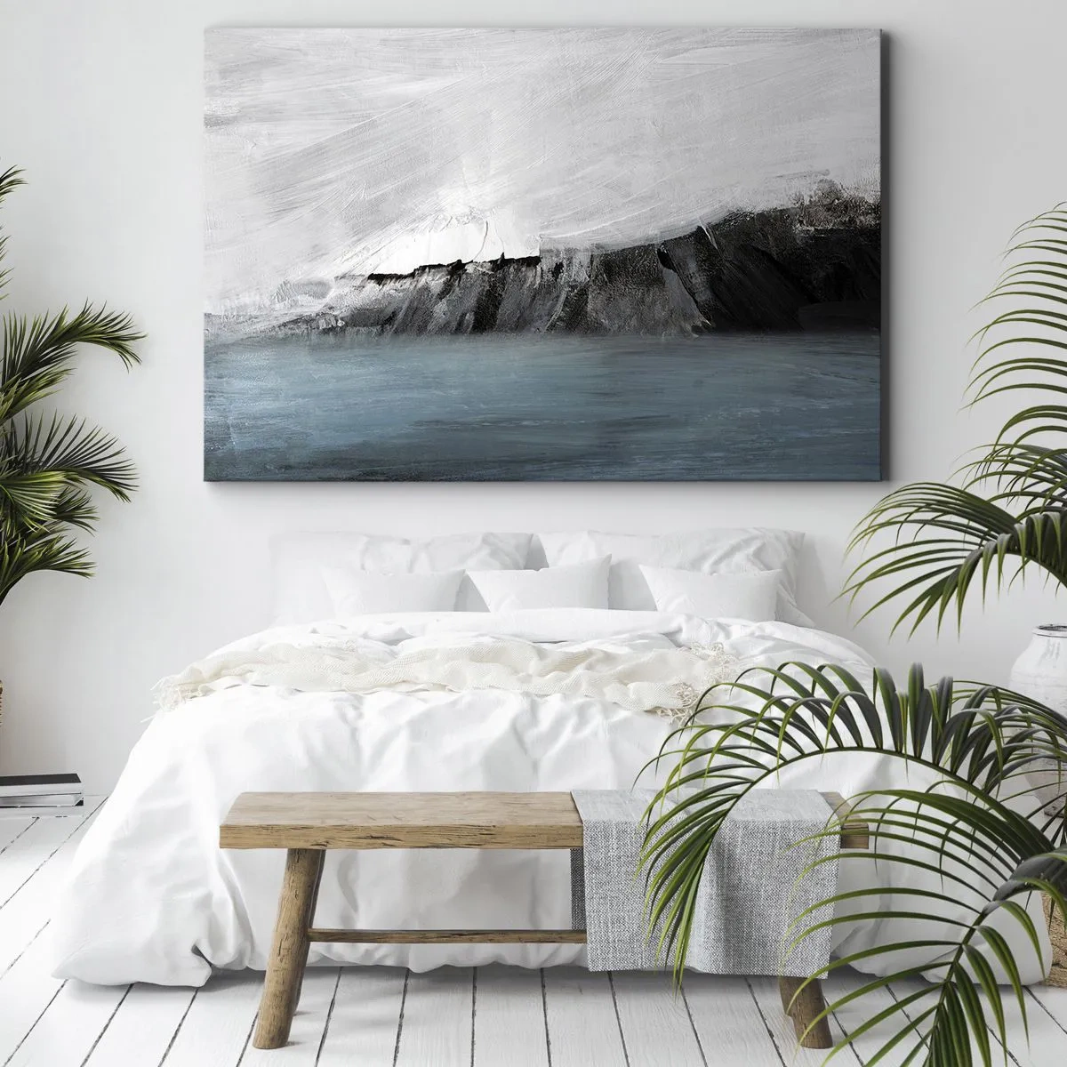 Bild auf Leinwand - Leinwandbild - Abstrakte Landschaft mit Wasser und felsigem Ufer - 100x70cm - Wasser – Erde: Kampf der Naturelemente - Moderne Wanddekoration für Wohnzimmer und Schlafzimmer ARTTOR