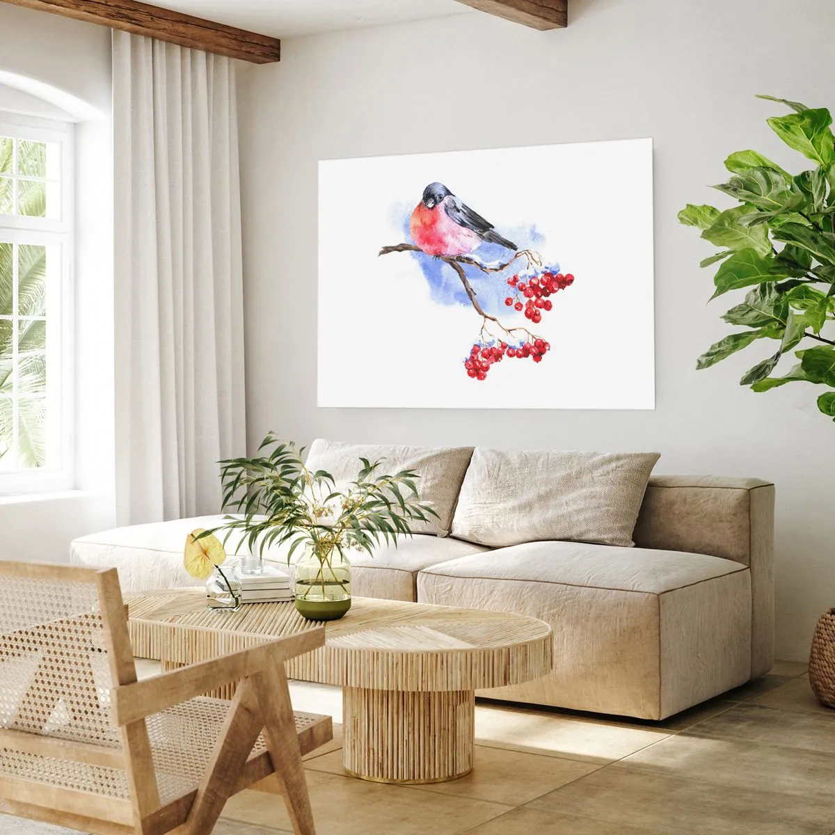 Poster - Vogel auf einem Zweig mit roten Früchten im Aquarellhintergrund - 100x70cm - Winter in Farbe - Moderne Wanddekoration für Wohnzimmer und Schlafzimmer ARTTOR