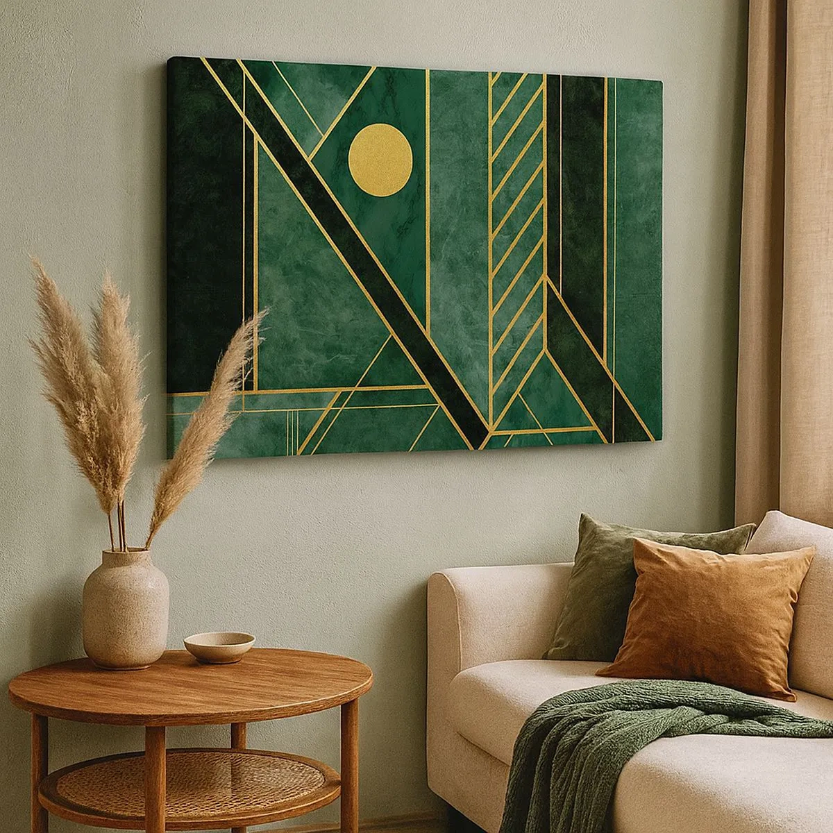 Bild auf Leinwand - Leinwandbild - Grünes und goldenes geometrisches Design mit elegantem Muster - 70x50cm - Dynamik von Gold und Azurblau - Moderne Wanddekoration für Wohnzimmer und Schlafzimmer ARTTOR
