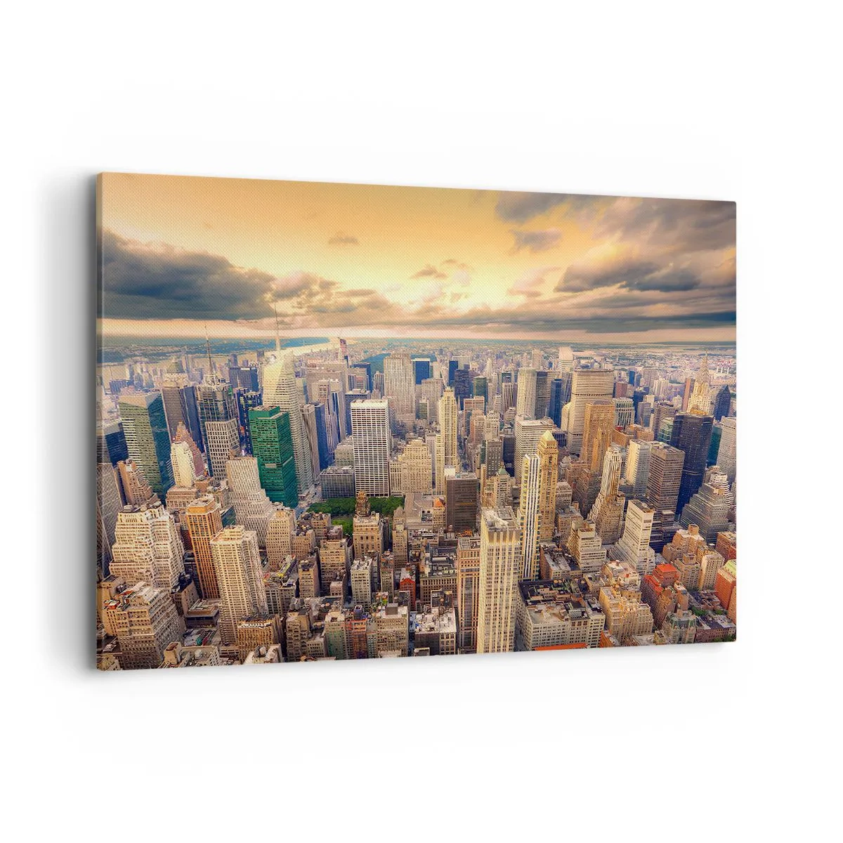 Bild auf Leinwand - Leinwandbild - Stadtpanorama mit Blick auf Wolkenkratzer bei Sonnenuntergang - 100x70cm - Vergoldete Metropole - Moderne Wanddekoration für Wohnzimmer und Schlafzimmer ARTTOR
