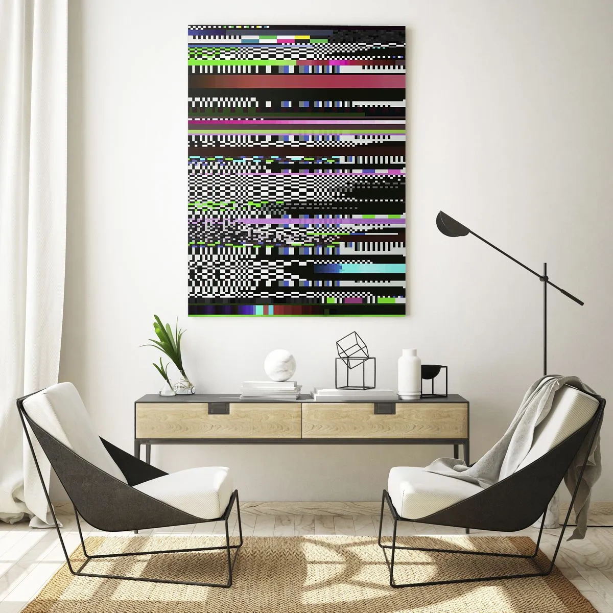 Glasbild - Bild auf glas - Bunte Linien und Pixel im abstrakten Stil - 70x100cm - Das Kontrollbild der Realität - Moderne Wanddekoration für Wohnzimmer und Schlafzimmer ARTTOR