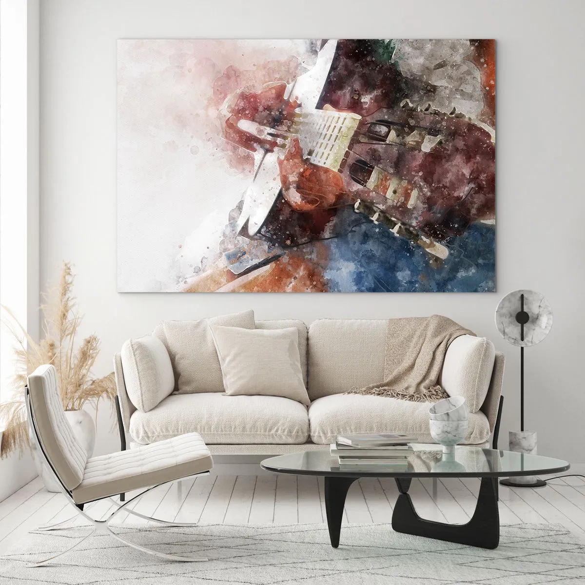 Glasbild - Bild auf glas - Ein Aquarell eines künstlerischen Gitarrenspielers - 120x80cm - Und was halten Sie davon? - Moderne Wanddekoration für Wohnzimmer und Schlafzimmer ARTTOR