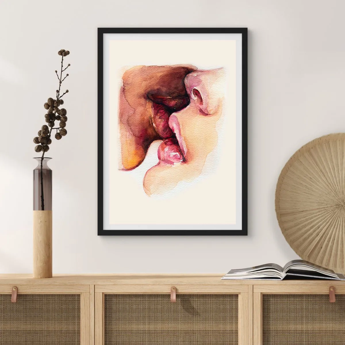 Poster in einem schwarzem Rahmen - Aquarelllippen in einem innigen Kuss vor hellem Hintergrund - 50x70cm - Wie Tag und Nacht, Erde und Himmel - Moderne Wanddekoration für Wohnzimmer und Schlafzimmer ARTTOR