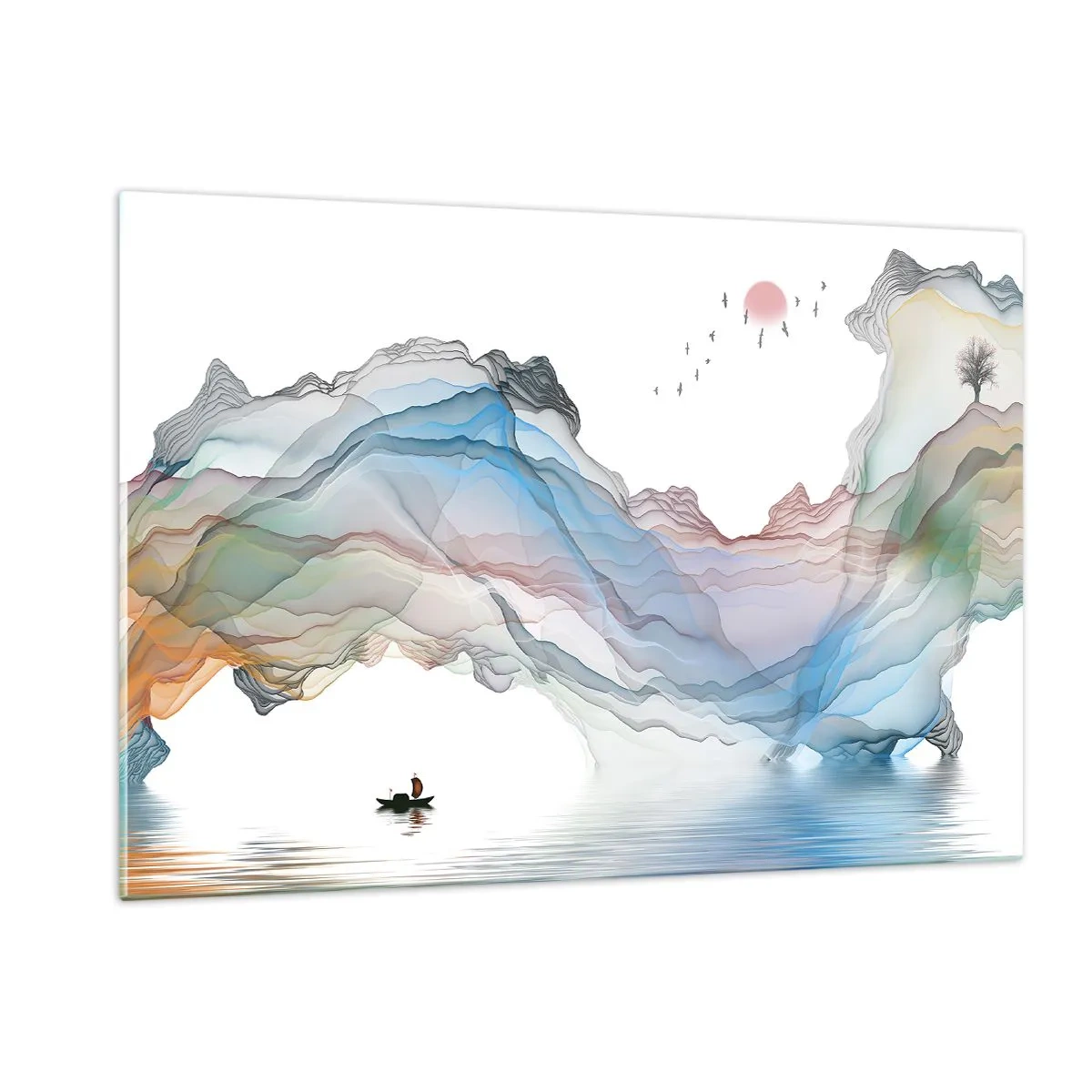 Glasbild - Bild auf glas - Bunte Berge mit einem Boot auf dem Wasser im Aquarellstil - 120x80cm - Zu den Kristallbergen - Moderne Wanddekoration für Wohnzimmer und Schlafzimmer ARTTOR