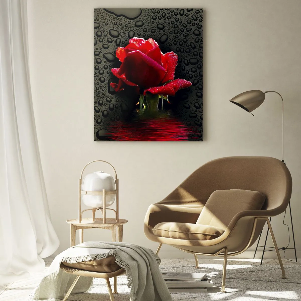 Glasbild - Bild auf glas - Rote Rose mit Wassertropfen auf dunklem Hintergrund - 80x120cm - rot und Schwarz - Moderne Wanddekoration für Wohnzimmer und Schlafzimmer ARTTOR
