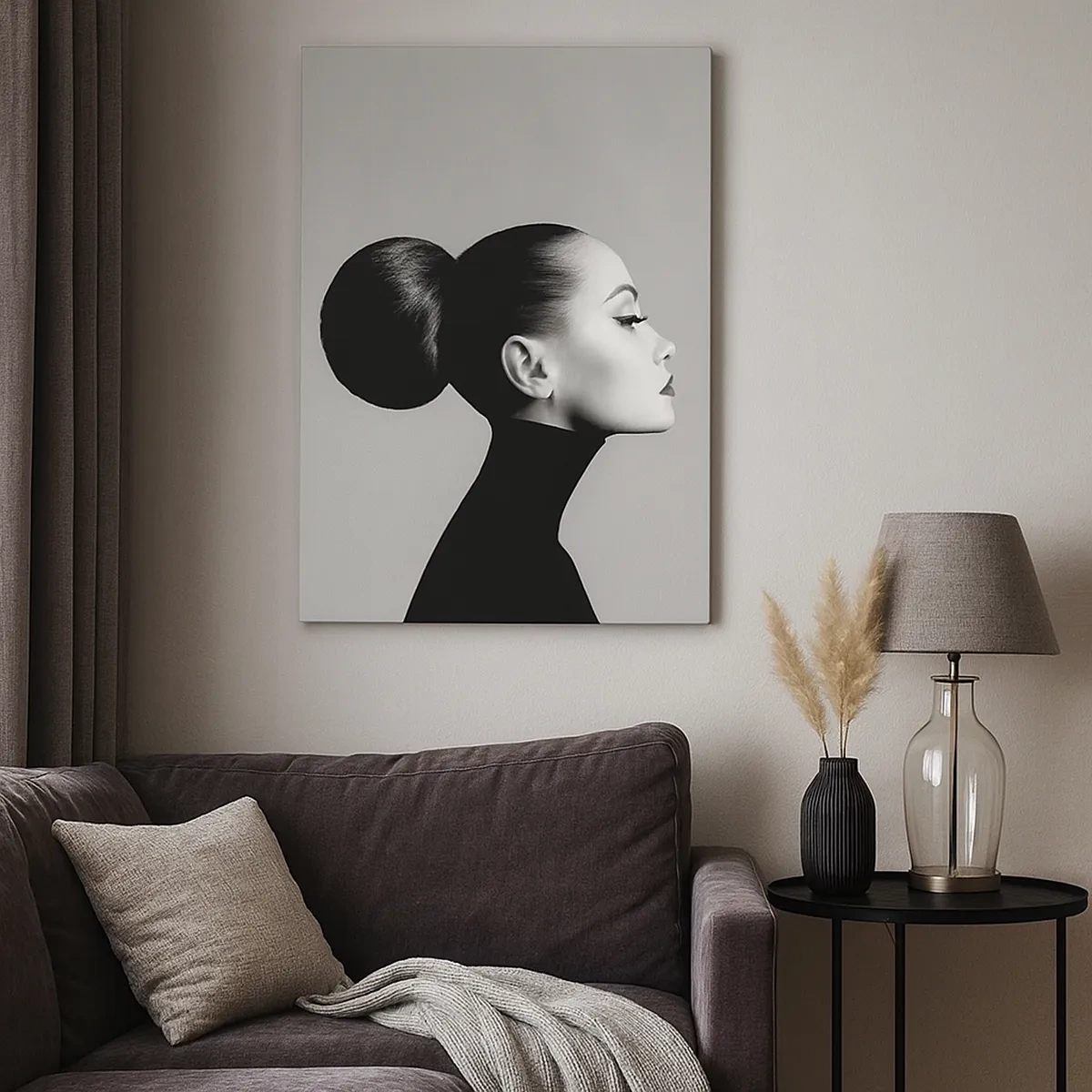 Bild auf Leinwand - Leinwandbild - Profil einer Frau in Schwarz-Weiß mit einem eleganten Dutt - 50x70cm - Moderne Nofretete - Moderne Wanddekoration für Wohnzimmer und Schlafzimmer ARTTOR