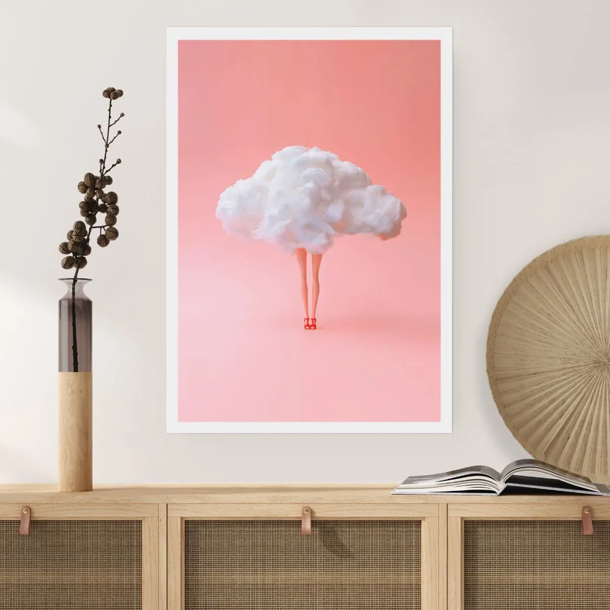 Poster - Eine schicke Wolke mit Beinen auf rosa Hintergrund - 50x70cm - Süßes Versprechen - Moderne Wanddekoration für Wohnzimmer und Schlafzimmer ARTTOR