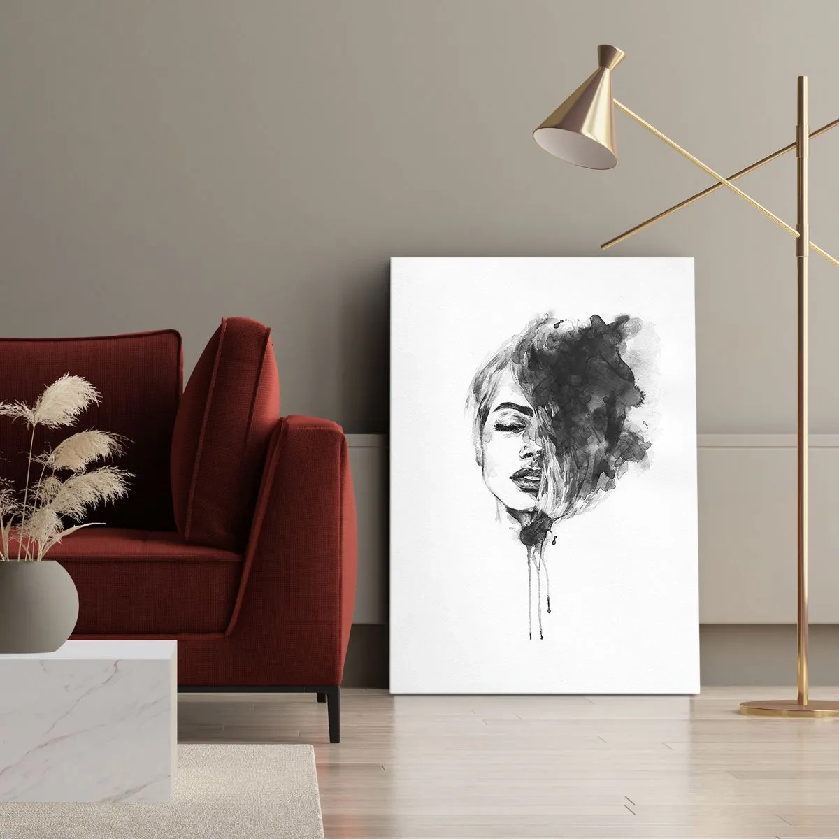 Bild auf Leinwand - Leinwandbild - Künstlerisches Frauenporträt in Aquarelltechnik mit abstrakten Details - 50x70cm - Wovon träumt das Mädchen - Moderne Wanddekoration für Wohnzimmer und Schlafzimmer ARTTOR