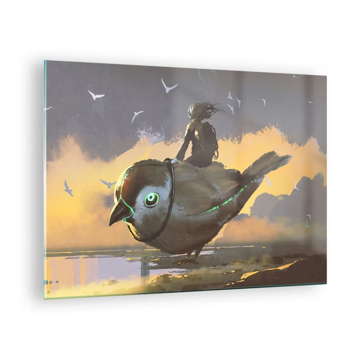 Glasbild - Bild auf glas - Eine Figur auf einem riesigen Vogel im Licht der untergehenden Sonne - 70x50cm - Ein Stopp auf einer fantastischen Reise - Moderne Wanddekoration für Wohnzimmer und Schlafzimmer ARTTOR