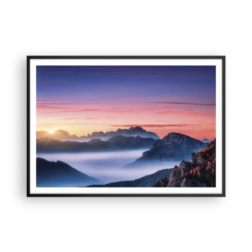 Poster in einem schwarzem Rahmen - Berglandschaft bei Sonnenaufgang mit Nebel in den Tälern - 100x70cm - Über die Täler - Moderne Wanddekoration für Wohnzimmer und Schlafzimmer ARTTOR