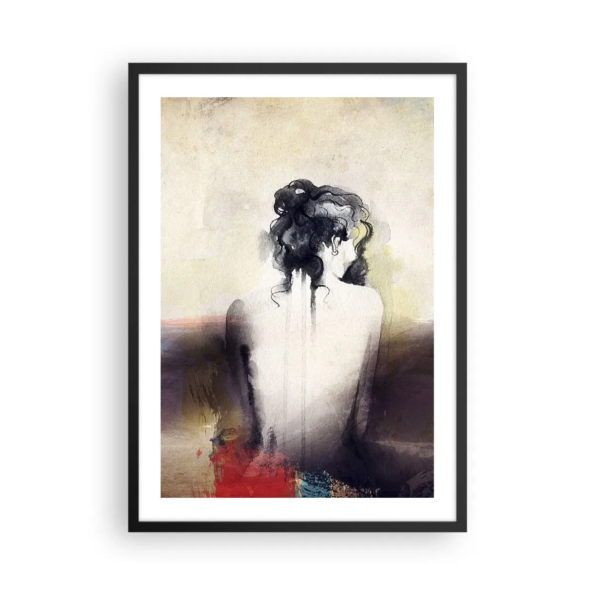 Poster in einem schwarzem Rahmen - Ein künstlerisches Porträt einer Frau von hinten in gedämpften Farben. - 50x70cm - Glatte Linien, ovale Formen - Moderne Wanddekoration für Wohnzimmer und Schlafzimmer ARTTOR
