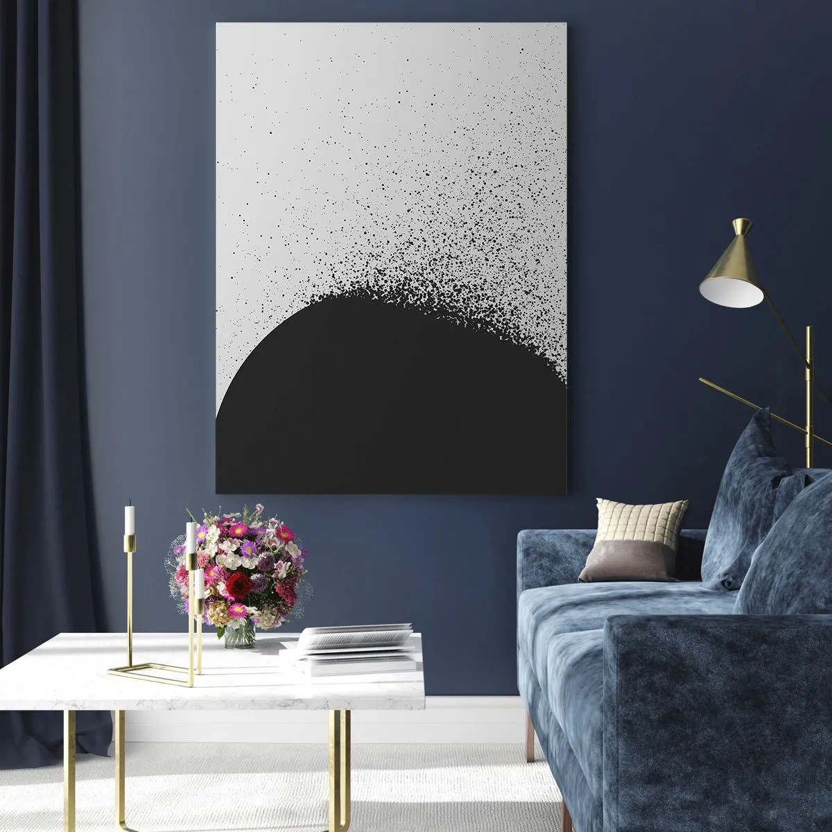 Glasbild - Bild auf glas - Abstraktion einer schwarzen Masse, die auf weißem Hintergrund auseinanderfällt - 50x70cm - Bewegung von Molekülen - Moderne Wanddekoration für Wohnzimmer und Schlafzimmer ARTTOR