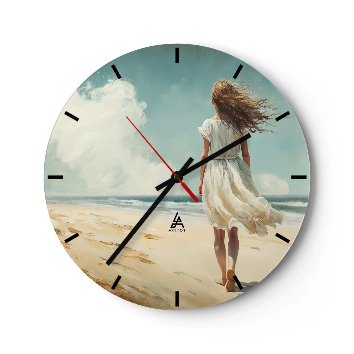 Wanduhr - Glasuhr - Eine Frau in einem weißen Kleid läuft barfuß am Strand - 30x30cm - Der Sonne und dem Wind begegnen - Moderne Wanddekoration für Wohnzimmer, Küche und Schlafzimmer ARTTOR