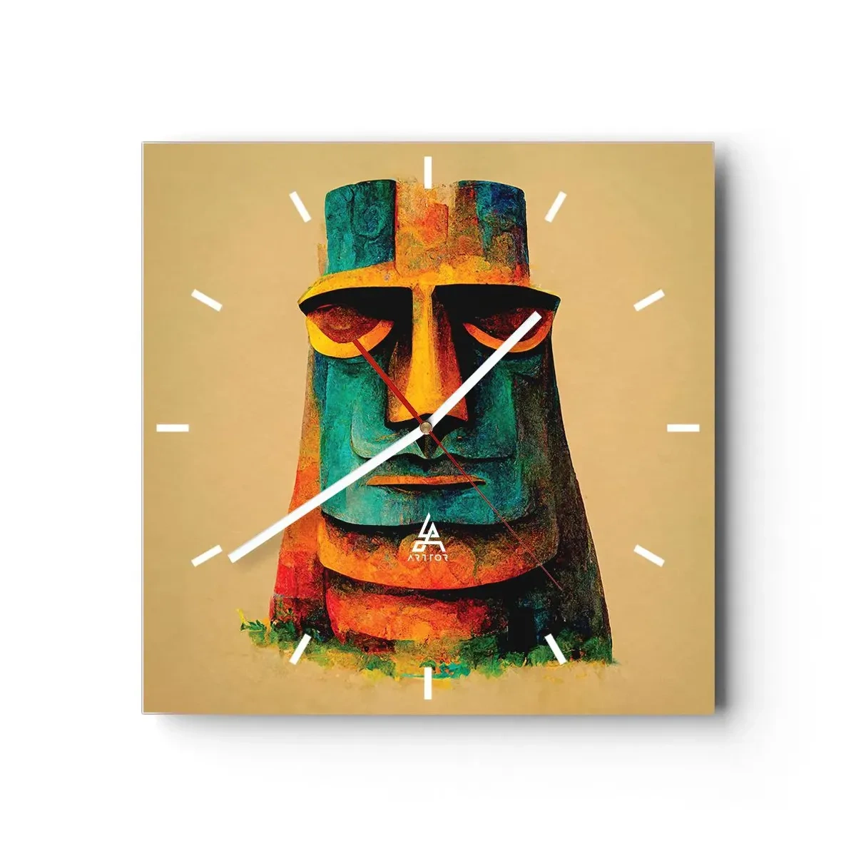 Wanduhr - Glasuhr - Bunte Statue von der Osterinsel - 30x30cm - Statuenhaft und sympathisch - Moderne Wanddekoration für Wohnzimmer und Schlafzimmer ARTTOR