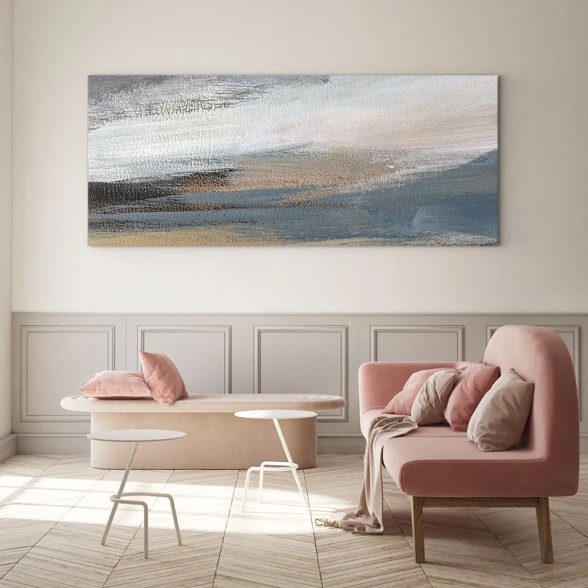 Glasbild - Bild auf glas - Abstrakte Landschaft in gedämpften Blau- und Beigetönen - 140x50cm - Abstraktion: nördliche Landschaft - Moderne Wanddekoration für Wohnzimmer und Schlafzimmer ARTTOR