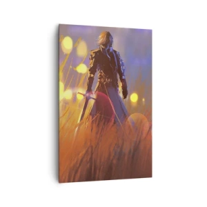 Bild auf Leinwand - Leinwandbild - Die Figur eines Ritters im Licht der untergehenden Sonne auf einem Feld - 80x120cm - Fahrender Ritter - Moderne Wanddekoration für Wohnzimmer und Schlafzimmer ARTTOR