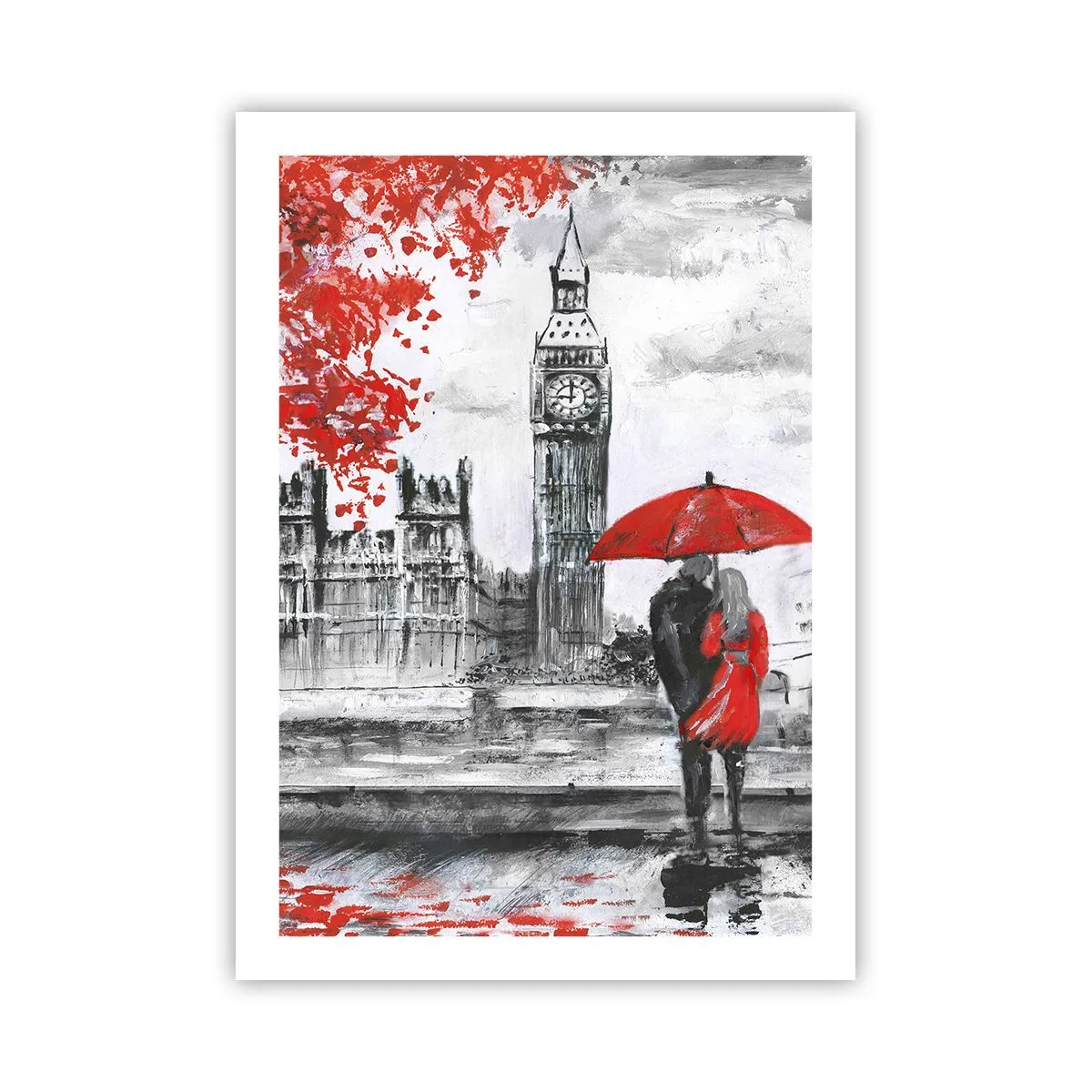 Poster - Eine Figur mit einem roten Regenschirm vor Big Ben in London - 50x70cm - Verliebt in London - Moderne Wanddekoration für Wohnzimmer und Schlafzimmer ARTTOR