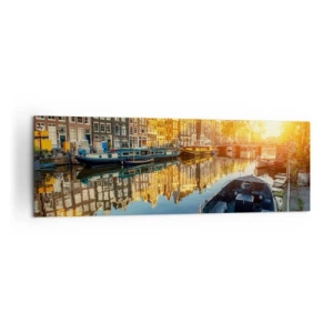 Bild auf Leinwand - Leinwandbild - Amsterdamer Kanal bei Sonnenuntergang - 160x50cm - Morgen in Amsterdam - Moderne Wanddekoration für Wohnzimmer und Schlafzimmer ARTTOR