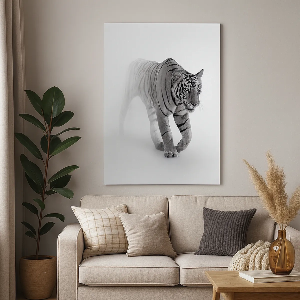 Bild auf Leinwand - Leinwandbild - Ein Tiger taucht aus dem Nebel auf - 50x70cm - Im Nebel gelauert - Moderne Wanddekoration für Wohnzimmer und Schlafzimmer ARTTOR