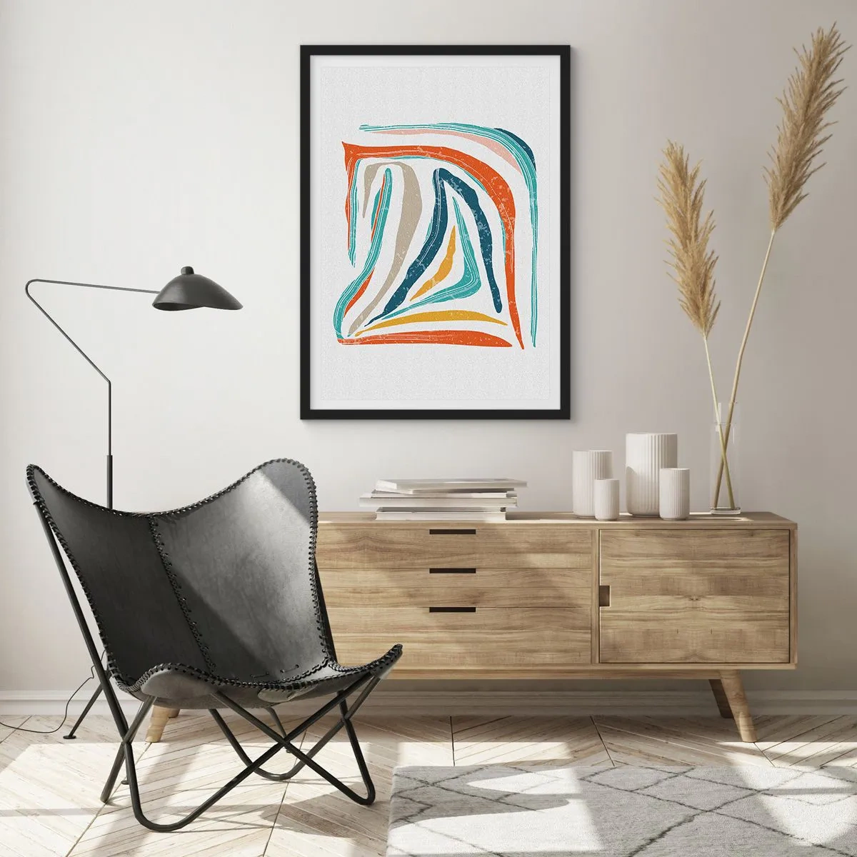 Poster in einem schwarzem Rahmen - Bunte Abstraktion mit organischen Linien - 50x70cm - Abstraktion mit einem freundlichen Lächeln - Moderne Wanddekoration für Wohnzimmer und Schlafzimmer ARTTOR