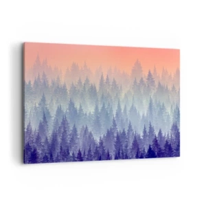 Bild auf Leinwand - Leinwandbild - Ein nebliger Wald in Lila- und Orangetönen - 100x70cm - Hoch, höher, zum Himmel - Moderne Wanddekoration für Wohnzimmer und Schlafzimmer ARTTOR