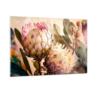 Glasbild - Bild auf glas - Protea-Blüten in warmen Tönen und sanftem Licht - 120x80cm - Zärtlich umarmt - Moderne Wanddekoration für Wohnzimmer und Schlafzimmer ARTTOR