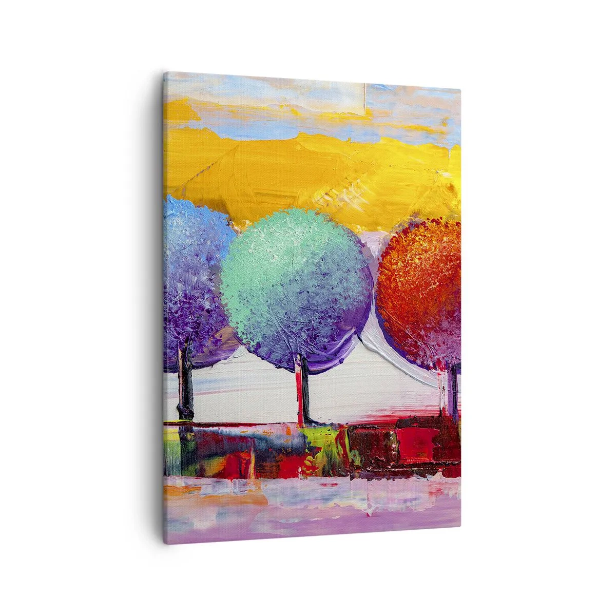 Bild auf Leinwand - Leinwandbild - Drei bunte Bäume auf abstraktem Hintergrund - 50x70cm - Aller guten Dinge sind drei - Moderne Wanddekoration für Wohnzimmer und Schlafzimmer ARTTOR