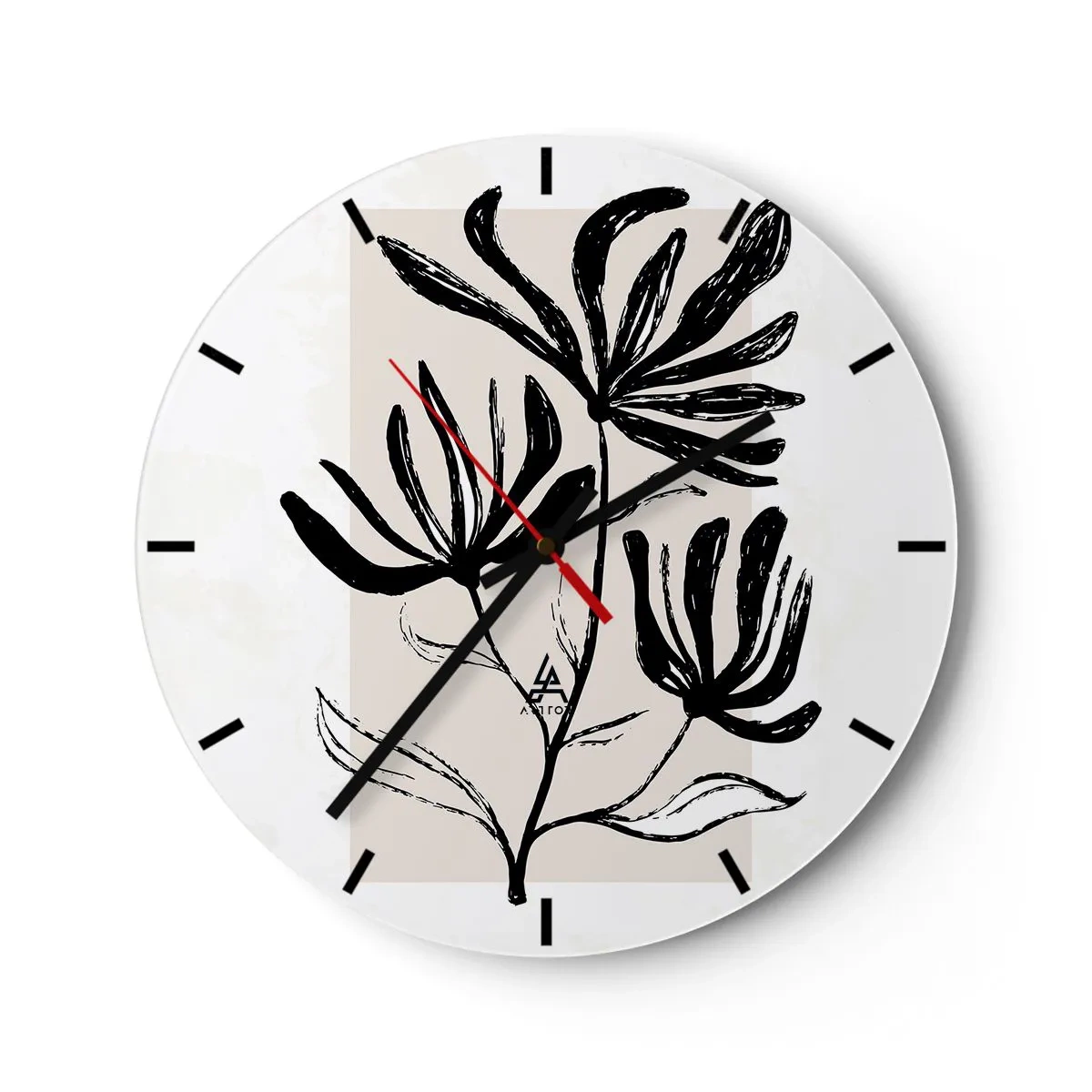 Wanduhr - Glasuhr - Eine schwarze Skizze einer Pflanze auf hellem Hintergrund mit beigem Akzent. - 30x30cm - Skizze für das Herbarium - Moderne Wanddekoration für Wohnzimmer, Küche und Schlafzimmer ARTTOR