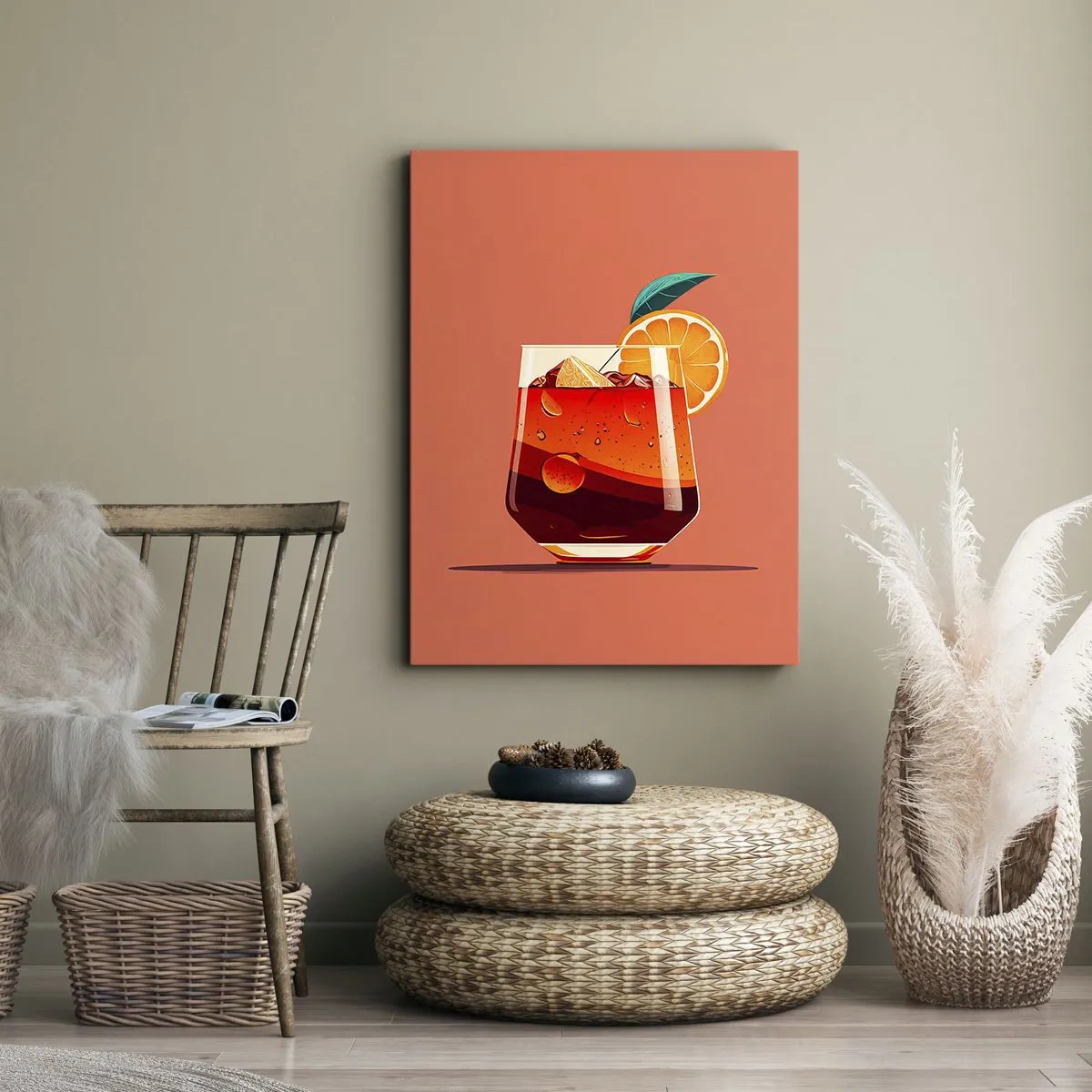 Bild auf Leinwand - Leinwandbild - Ein Glas Getränk und eine Orangenscheibe auf orangefarbenem Hintergrund - 70x100cm - Sommerliche Erfrischung - Moderne Wanddekoration für Wohnzimmer und Schlafzimmer ARTTOR