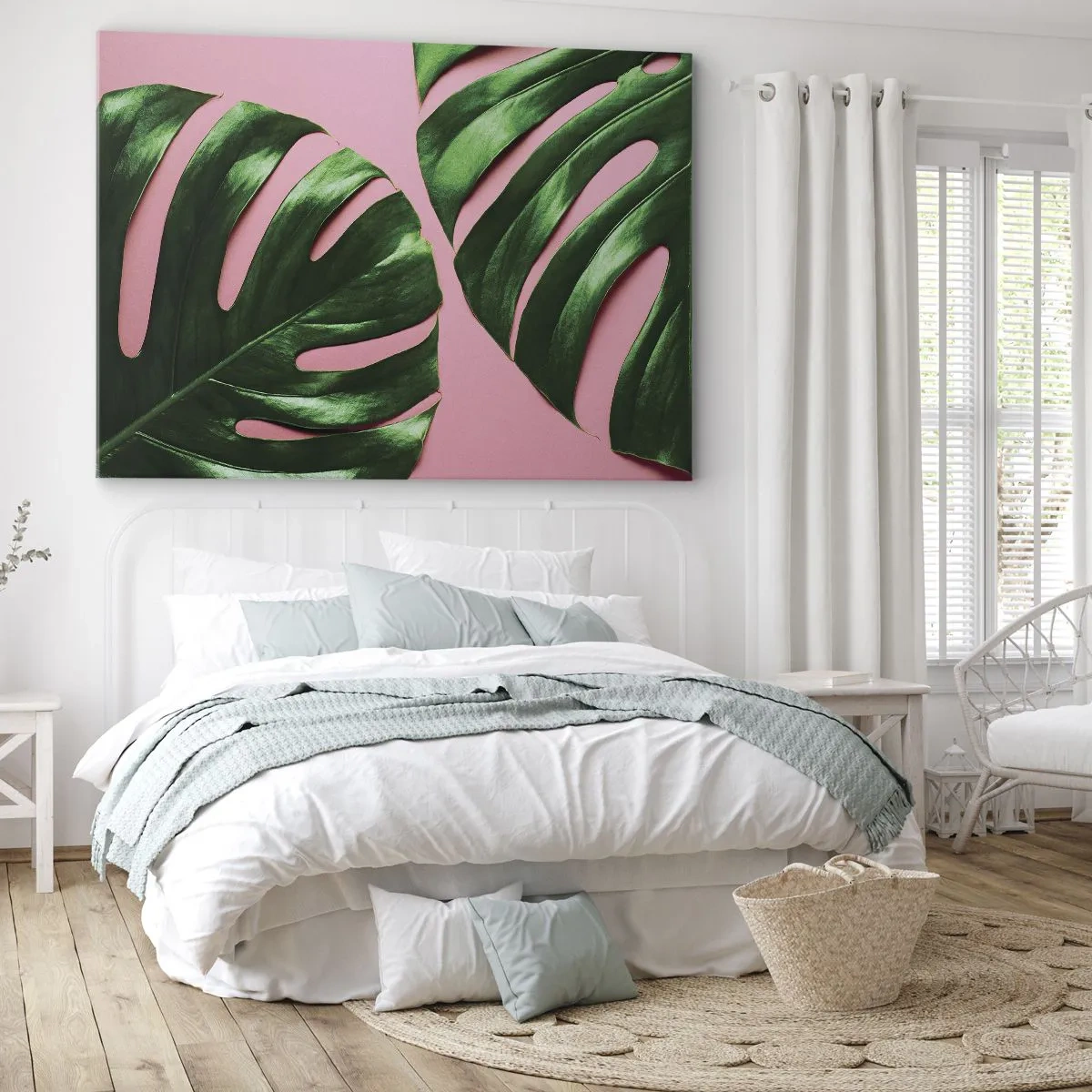 Bild auf Leinwand - Leinwandbild - Grüne Monstera-Blätter auf rosa Hintergrund - 100x70cm - Rendezvous im Grünen - Moderne Wanddekoration für Wohnzimmer und Schlafzimmer ARTTOR