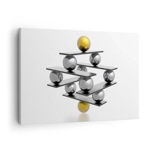 Bild auf Leinwand - Leinwandbild - Geometrische Komposition mit Metallkugeln und einem goldenen Akzent - 70x50cm - Gold- und Silberbalance - Moderne Wanddekoration für Wohnzimmer und Schlafzimmer ARTTOR