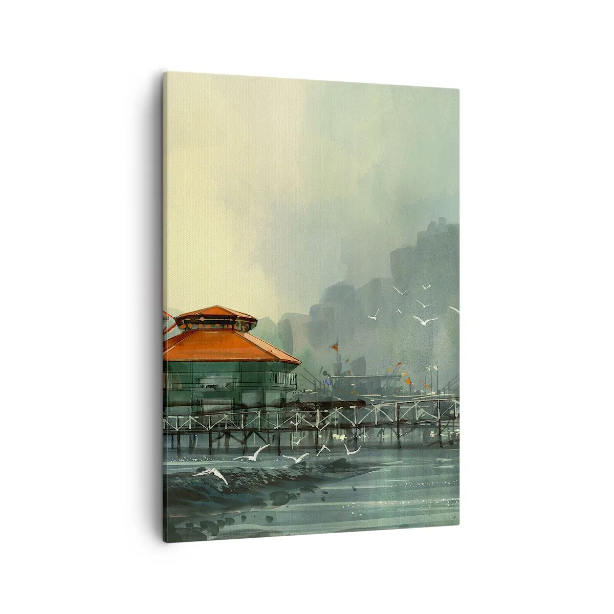 Bild auf Leinwand - Leinwandbild - Hafengebäude in einer regnerischen Landschaft mit Möwen - 50x70cm - Ein sonniger Tag im Hafen - Moderne Wanddekoration für Wohnzimmer und Schlafzimmer ARTTOR