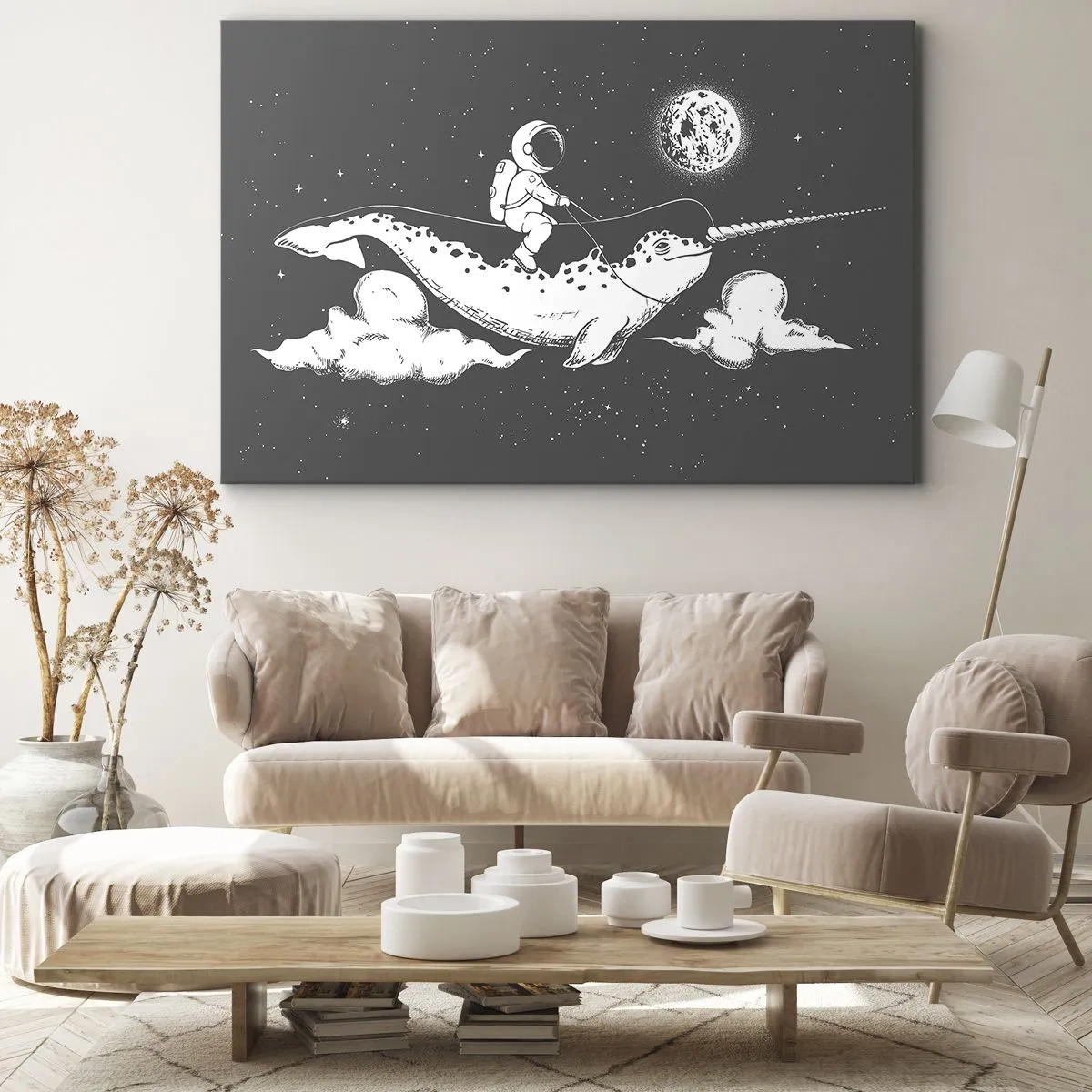 Bild auf Leinwand - Leinwandbild - Ein Astronaut auf dem Rücken eines Narwals, der in einer Weltraumszene schwimmt. - 120x80cm - Weltraumreiter - Moderne Wanddekoration für Wohnzimmer und Schlafzimmer ARTTOR