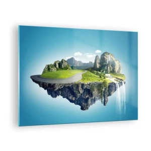 Glasbild - Bild auf glas - Eine schwimmende Insel mit Bergen, einem Wasserfall und viel Grün - 70x50cm - Fantastische Insel - Moderne Wanddekoration für Wohnzimmer und Schlafzimmer ARTTOR
