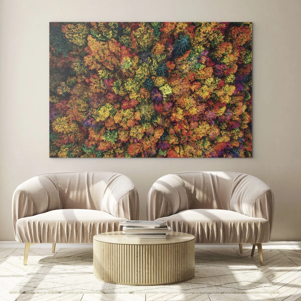 Glasbild - Bild auf glas - Eine Vogelperspektive auf einen Wald im Herbst, voller bunter Bäume - 70x50cm - Blumenstrauß aus Herbstbäumen - Moderne Wanddekoration für Wohnzimmer und Schlafzimmer ARTTOR