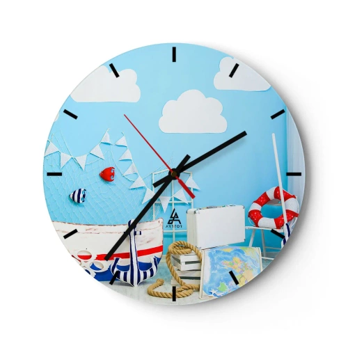 Wanduhr - Glasuhr - Nautisches Thema mit blauem Hintergrund - 30x30cm - Die Sehnsucht eines Kindes nach Abenteuer - Moderne Wanddekoration für Wohnzimmer, Küche und Schlafzimmer ARTTOR