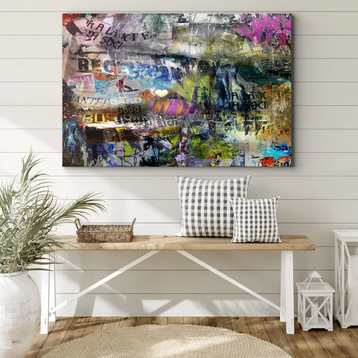 Bild auf Leinwand - Leinwandbild - Abstrakte Collage mit Text und verschiedenen Farben - 70x50cm - Collage aus Erinnerungen - Moderne Wanddekoration für Wohnzimmer und Schlafzimmer ARTTOR