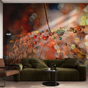 Fototapete Premium Sand - Makrofotografie von Tautropfen auf einem zarten Blatt - 100x70cm - Auf einem Spinnenfaden aufgefädelt - Moderne Wanddekoration für Wohnzimmer und Schlafzimmer ARTTOR