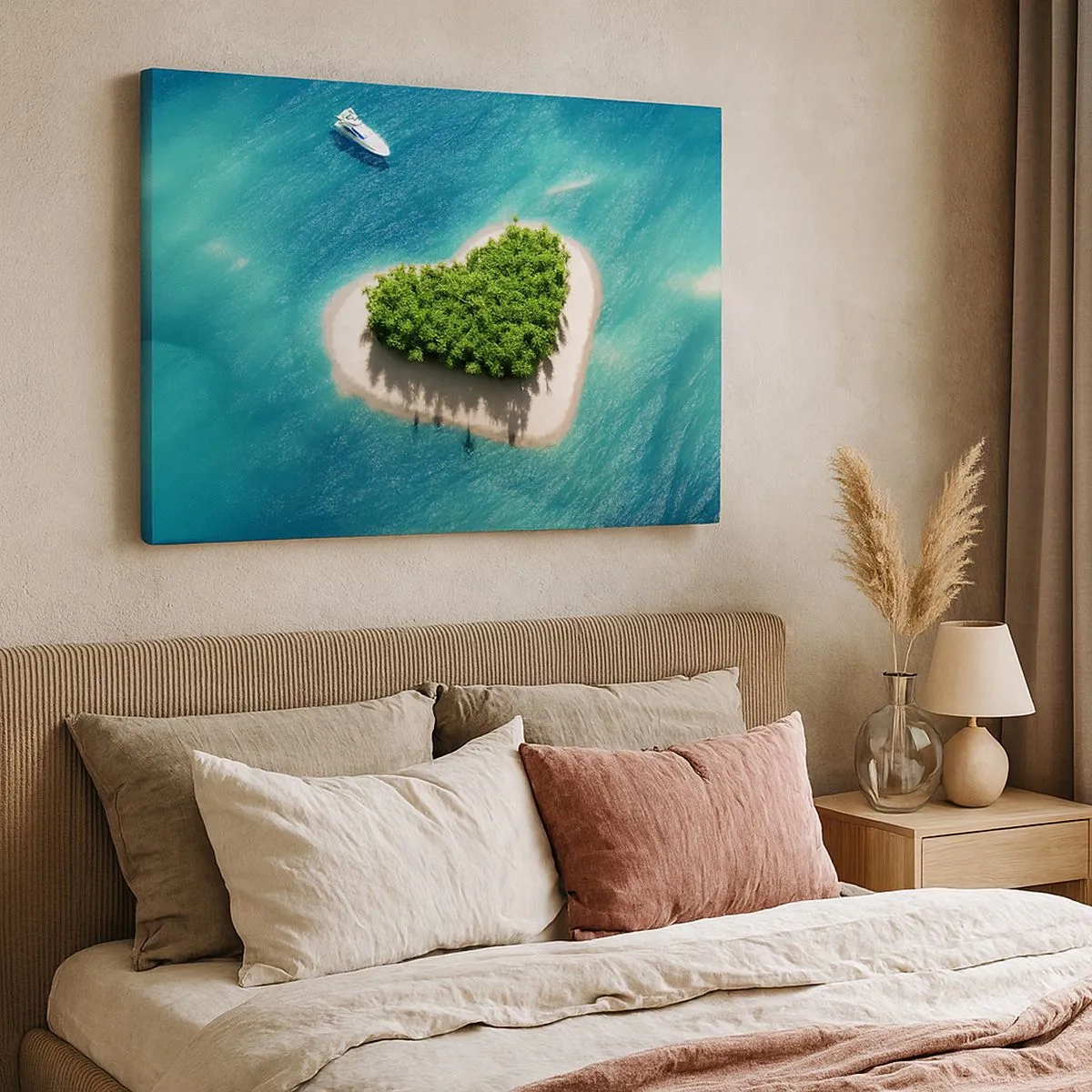 Bild auf Leinwand - Leinwandbild - Eine romantische herzförmige Insel in einem türkisfarbenen Meer - 70x50cm - ich liebe Sommer - Moderne Wanddekoration für Wohnzimmer und Schlafzimmer ARTTOR