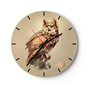 Wanduhr - Glasuhr - Künstlerisches Porträt einer Eule auf beigem Hintergrund - 30x30cm - Die klügste Eule - bestätigt den Eichenwald - Moderne Wanddekoration für Wohnzimmer, Küche und Schlafzimmer ARTTOR