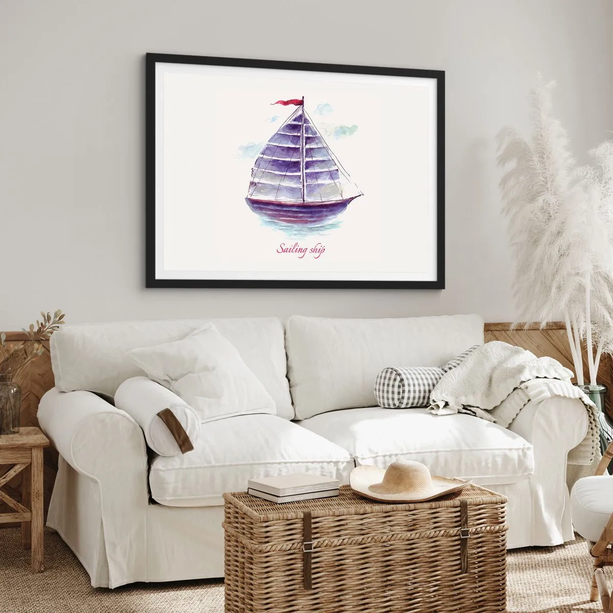 Poster in einem schwarzem Rahmen - Ein Aquarell eines Segelboots auf dem Wasser mit einer zarten Inschrift - 70x50cm - Volle Segel und ruhiges Wasser - Moderne Wanddekoration für Wohnzimmer und Schlafzimmer ARTTOR